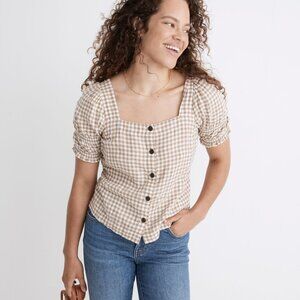 Madewell Linen-Blend Square-Neck Puff-Sleeve Top in Gingham Check, Brown, Size S